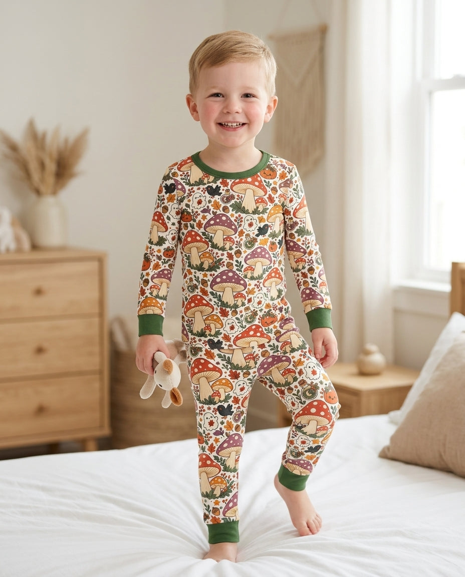 Fall Ghost Mushrooms  Bamboo Two Piece Long Sleeve Pajama Set