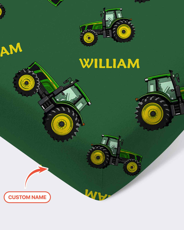 Custom Name Green Tractors Matching Daddy & Me Bamboo Fitted Crib Sheet