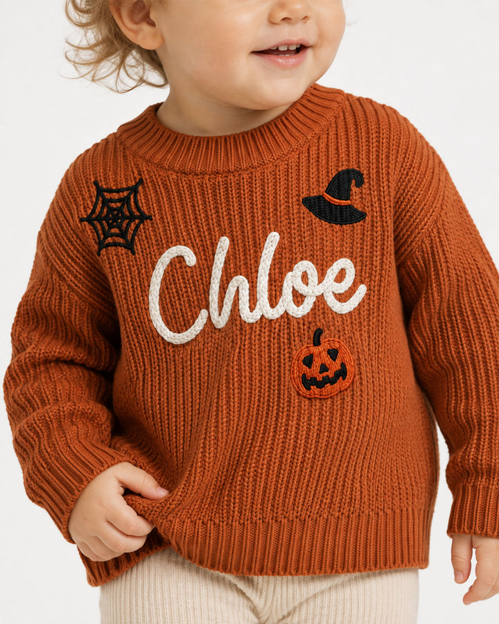 Happy Halloween Embroidered Baby Name Bamboo Knit Sweater Bubble