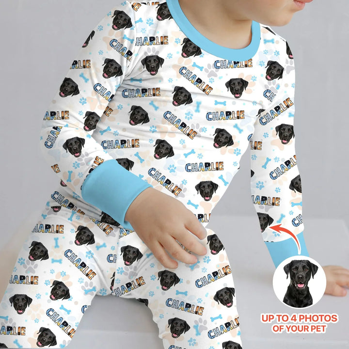Custom Name Doodle Letters Blue Dog Bamboo Two Piece Long Sleeve Pajama Set