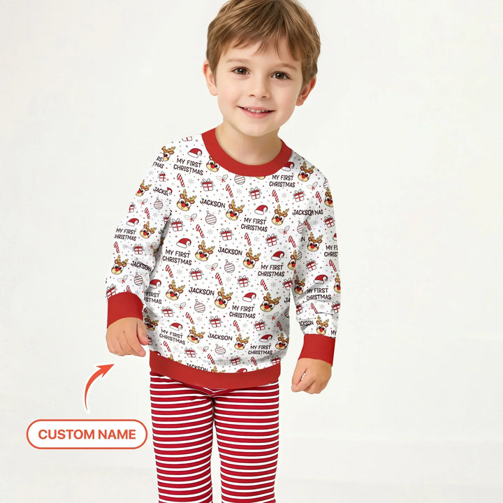 Custom Name Reindeer Doodle My First Christmas Bamboo Crewneck Sweatshirt