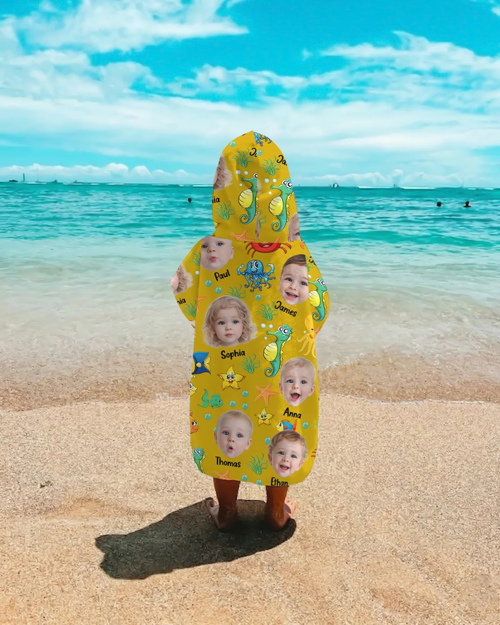 Custom Photo Cute Kid Face Watercolor Sea Creatures Summery Bamboo Swim Poncho