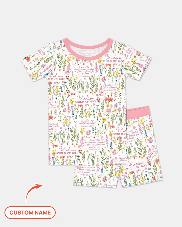 Custom Name Child of God Flower Garden Bamboo Two Piece Short Sleeve Shorts Pajama Set