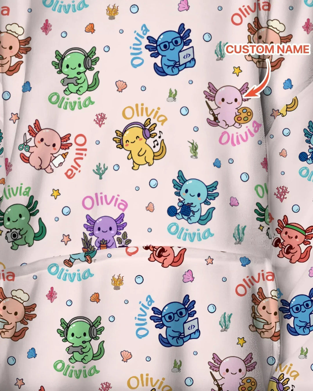Custom Name Cute Hobby Axolotl Bamboo Blanket Hoodie