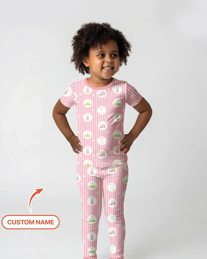 Custom Name Pink Golf Girl Bamboo Two Piece Short Sleeve Pajama Set
