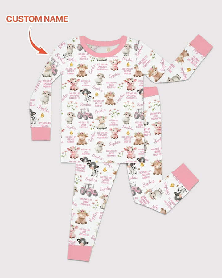 Custom Name God Says I Am Farm Animals Bamboo Two Piece Long Sleeve Pajama Set