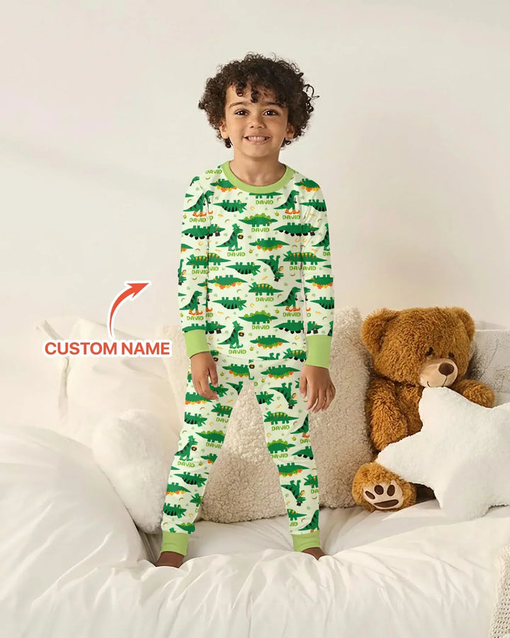 Custom Name St. Patrick's Day Dinosaurs Bamboo Two Piece Long Sleeve Pajama Set