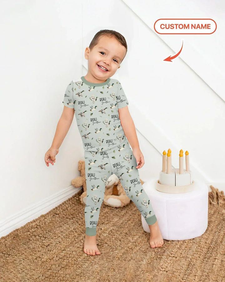Custom Name Mallard Duck Bamboo Two Piece Short Sleeve Pajama Set