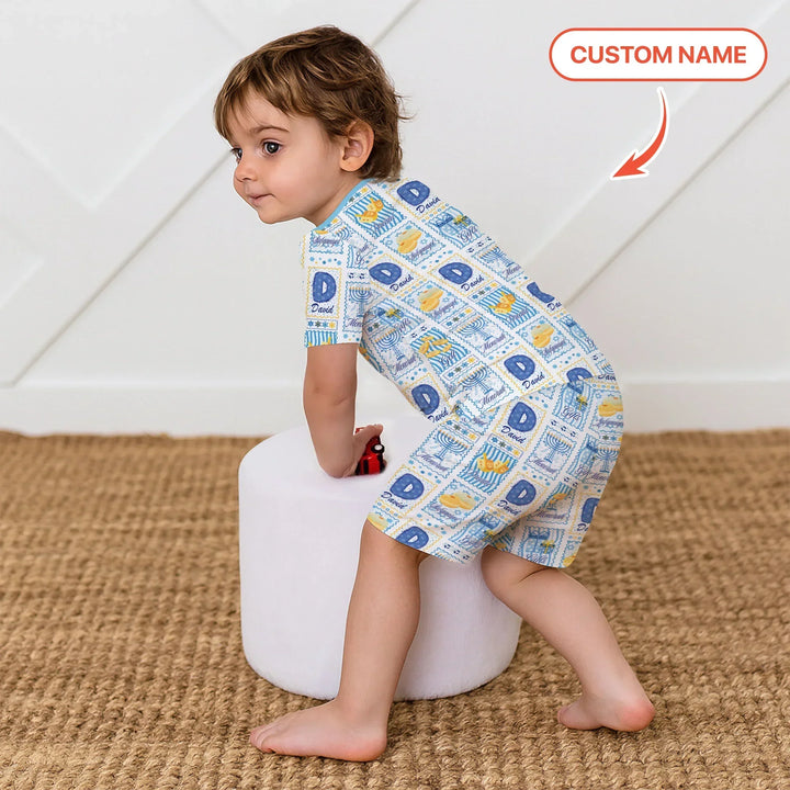 Light of Hanukkah Custom Name Bamboo Two Piece Short Sleeve Shorts Pajama Set