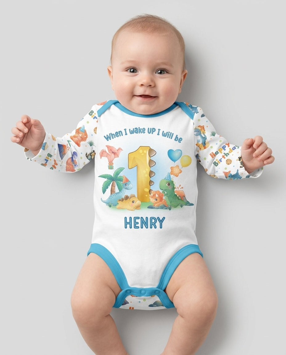Custom Name When I Wake Up Birthday Dino Bamboo Bodysuit