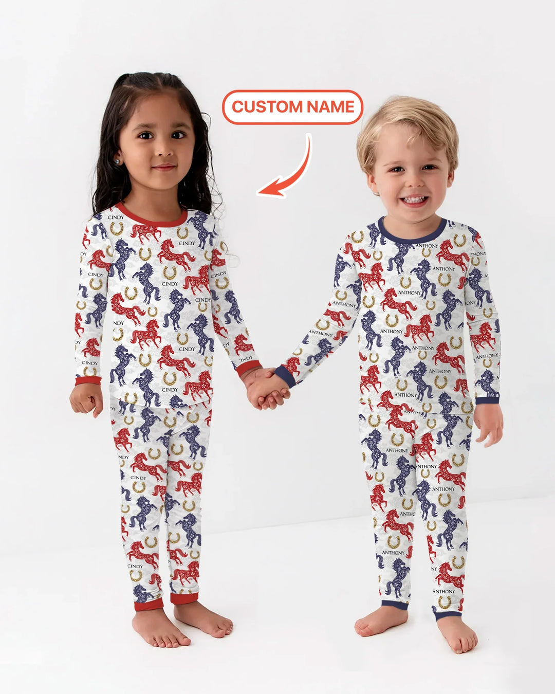 Custom Name Chinoiserie Horses Bamboo Two Piece Long Sleeve Pajama Set