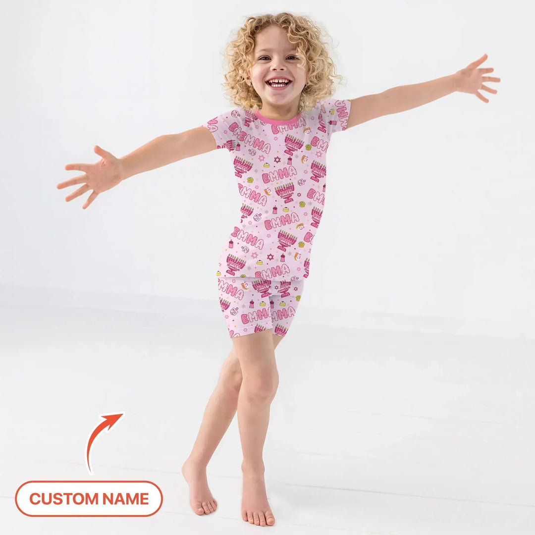 Custom name Happy Hanukkah 2025 Bamboo Two Piece Short Sleeve Shorts Pajama Set