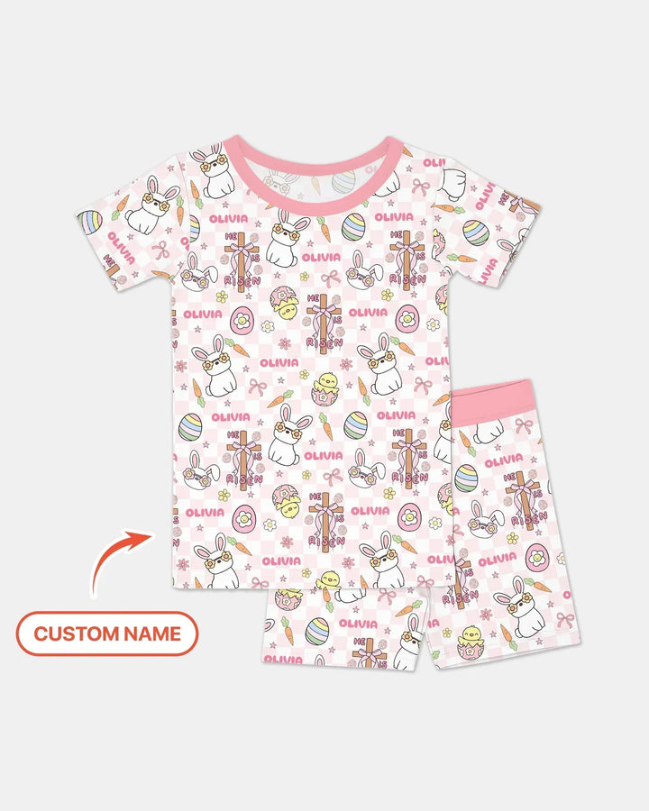 Custom Name Retro Easter Bamboo Two Piece Short Sleeve Shorts Pajama Set
