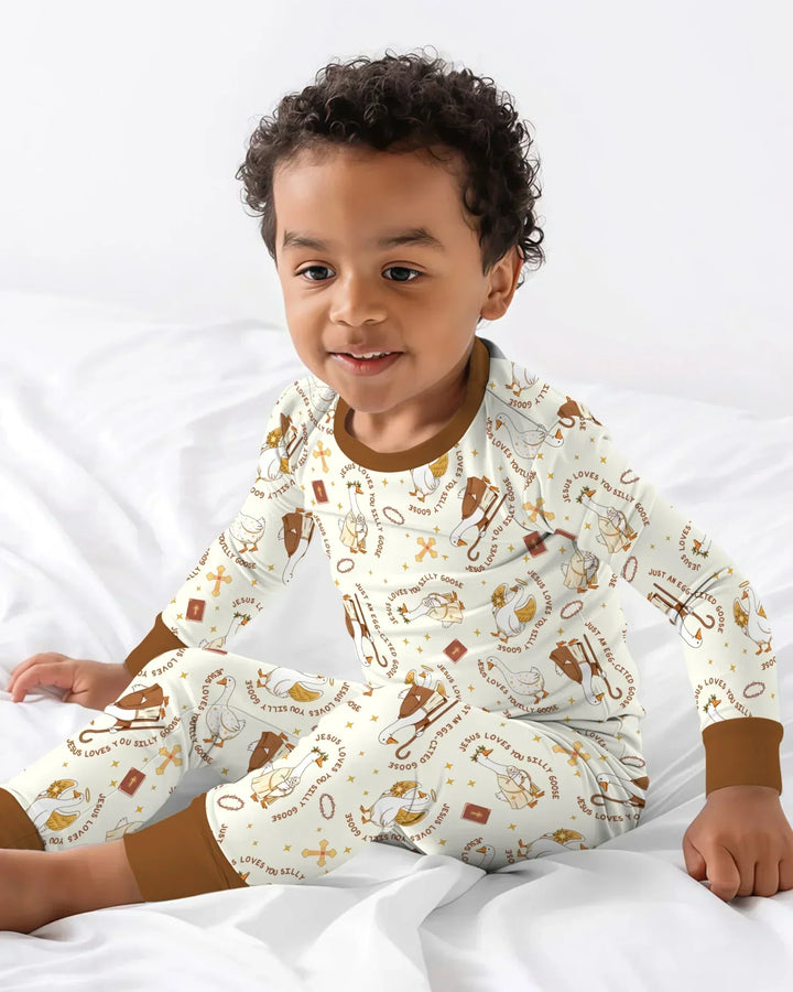 Jesus Loves You Silly Goose Bamboo Two Piece Long Sleeve Pajama Set