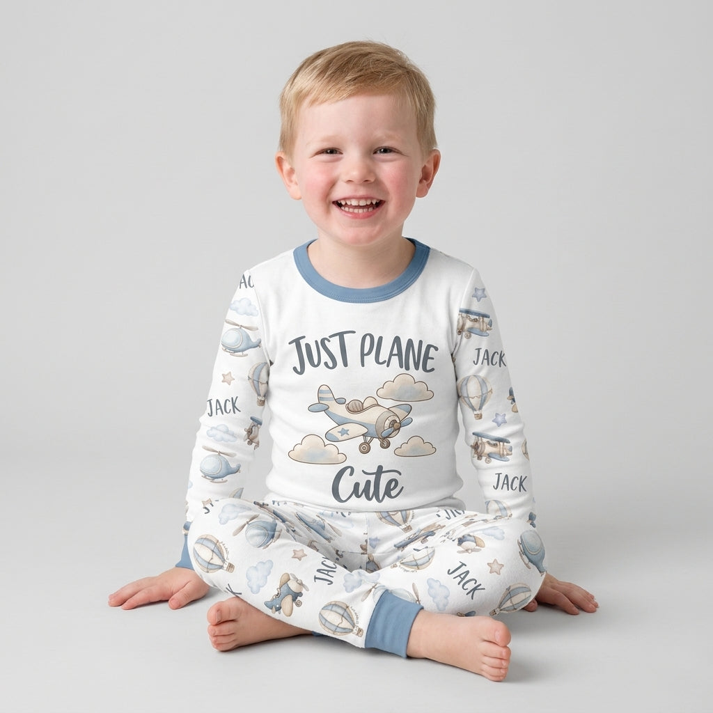 Custom Name Just Plane Cute Bamboo Two Piece Long Sleeve Pajama Set