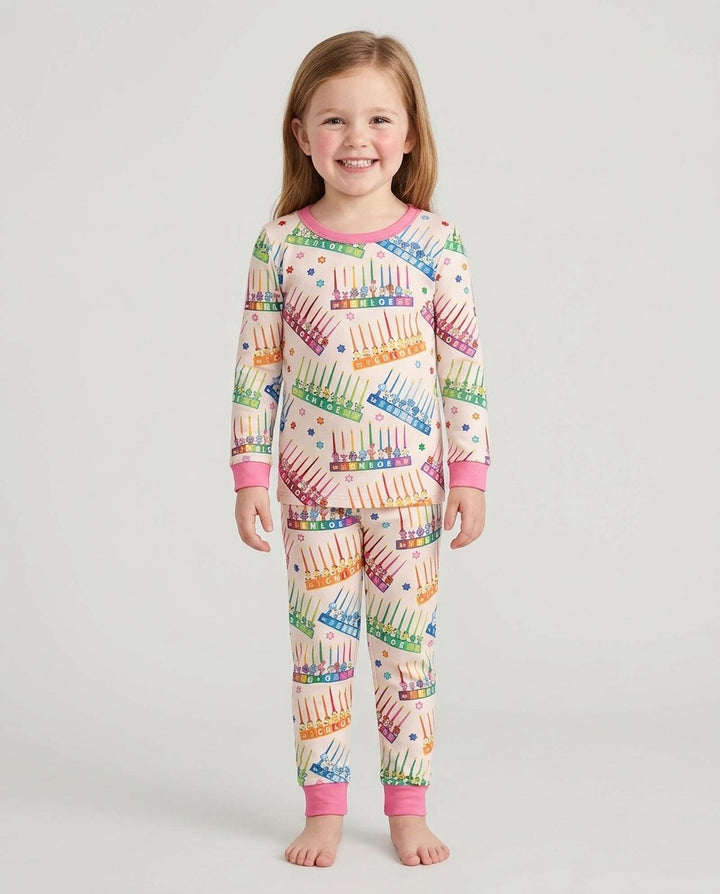 Personalized Jewish Menorah Bamboo Two Piece Long Sleeve Pajama Set