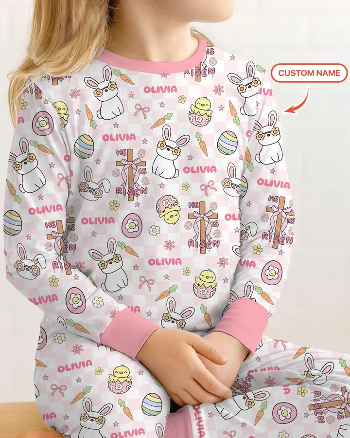 Custom Name Retro Easter Bamboo Two Piece Long Sleeve Pajama Set