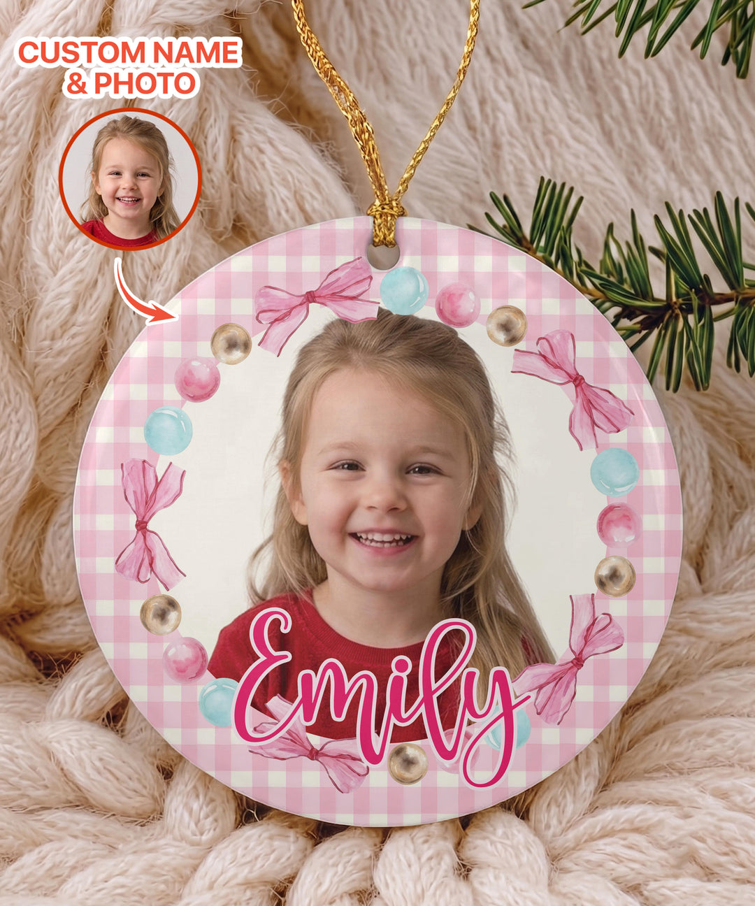 Custom Photo Pink Christmas Keepsake Ceramic Ornament