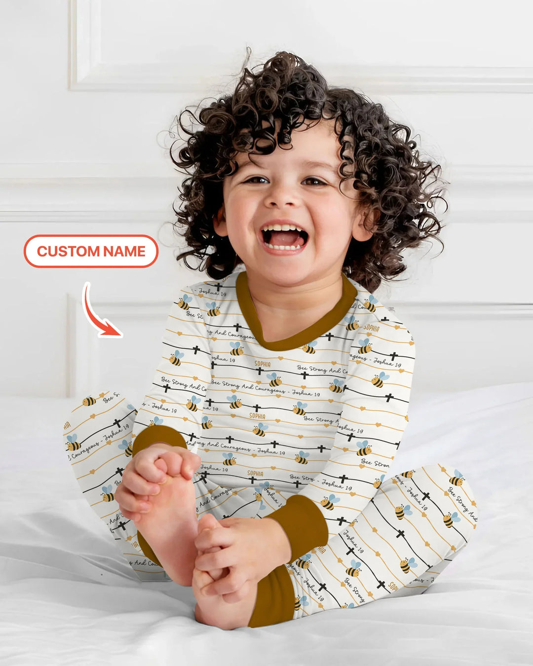 Bee Strong And Courageous Custom Name Bamboo Two Piece Long Sleeve Pajama Set