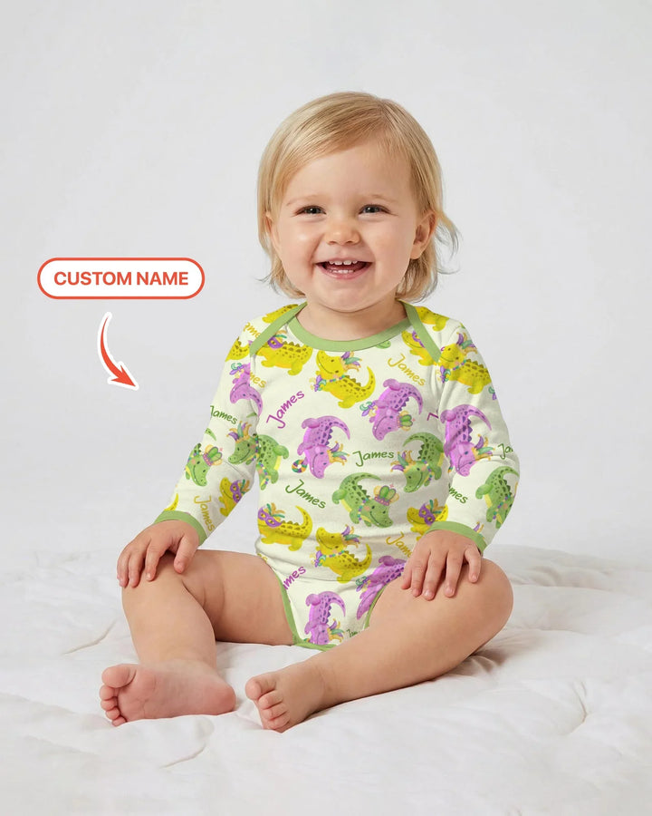 Custom Name Mardi Gras Alligator Bamboo Bodysuit