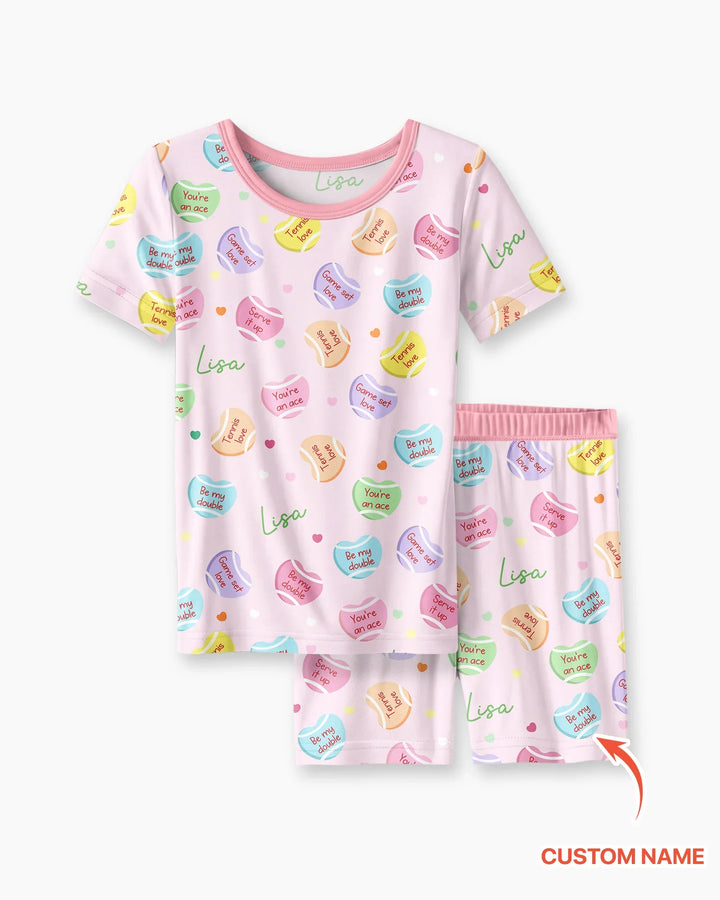 Custom Name Tennis Candy Hearts Bamboo Two Piece Short Sleeve Shorts Pajama Set