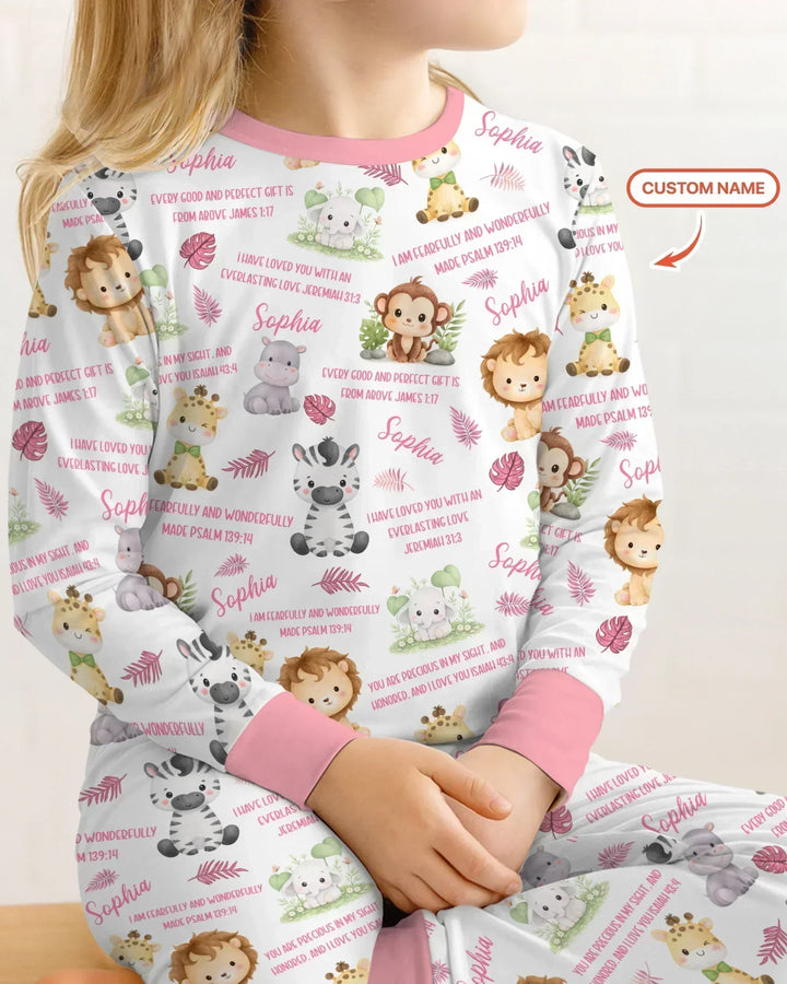 Custom Name Bible Verse Safari Animal Bamboo Two Piece Long Sleeve Pajama Set