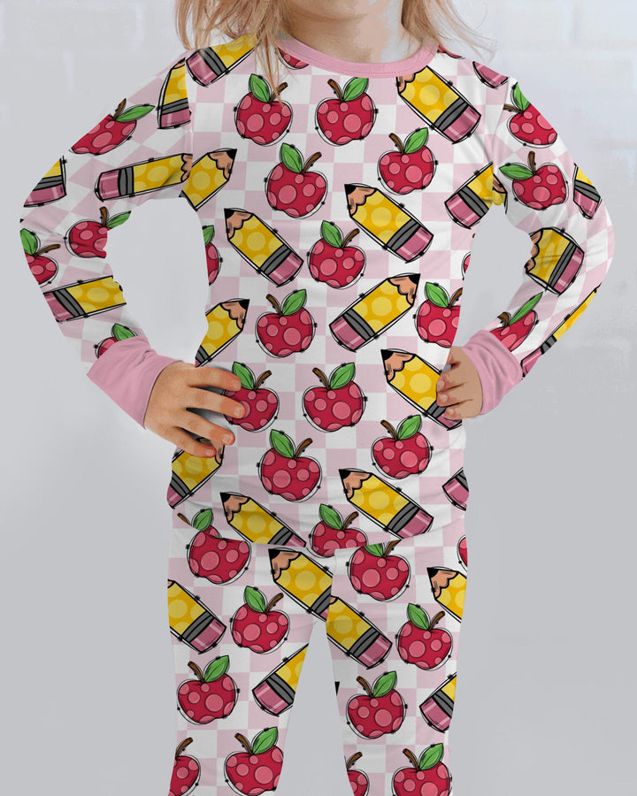 Checkered Apple Scribbles Bamboo Two Piece Long Sleeve Pajama Set