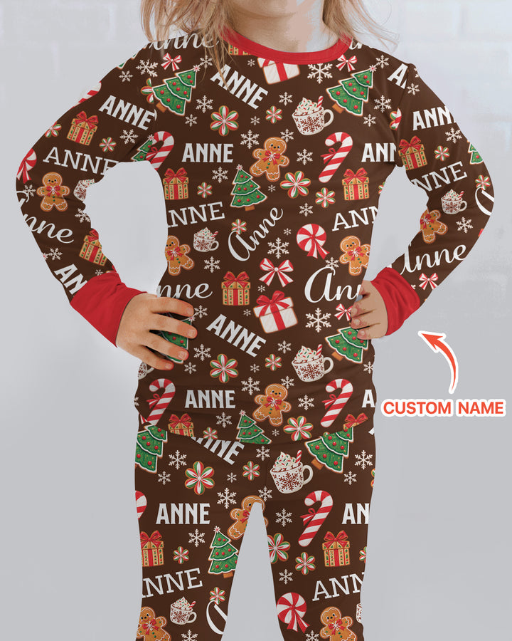 Merry Christmas Custom Name Bamboo Two Piece Long Sleeve Pajama Set