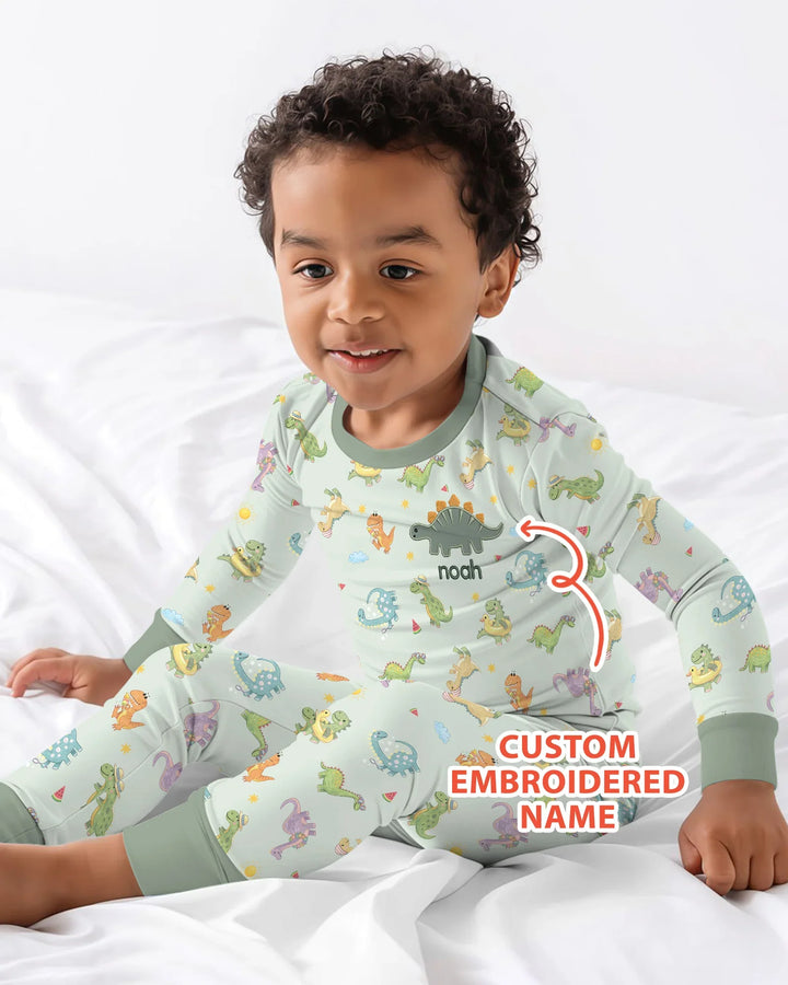 Custom Embroidered Name Summer Dinosaur Bamboo Two Piece Long Sleeve Pajama Set
