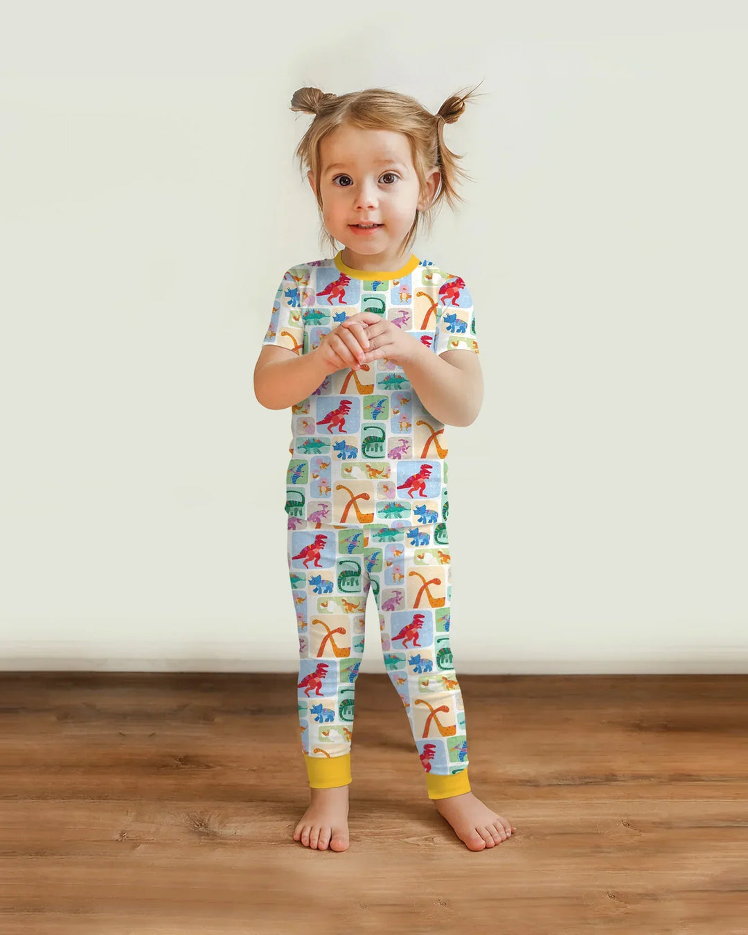 Rainbow Dino Friends Family Matching Bamboo Two Piece Short Sleeve Pajama Set