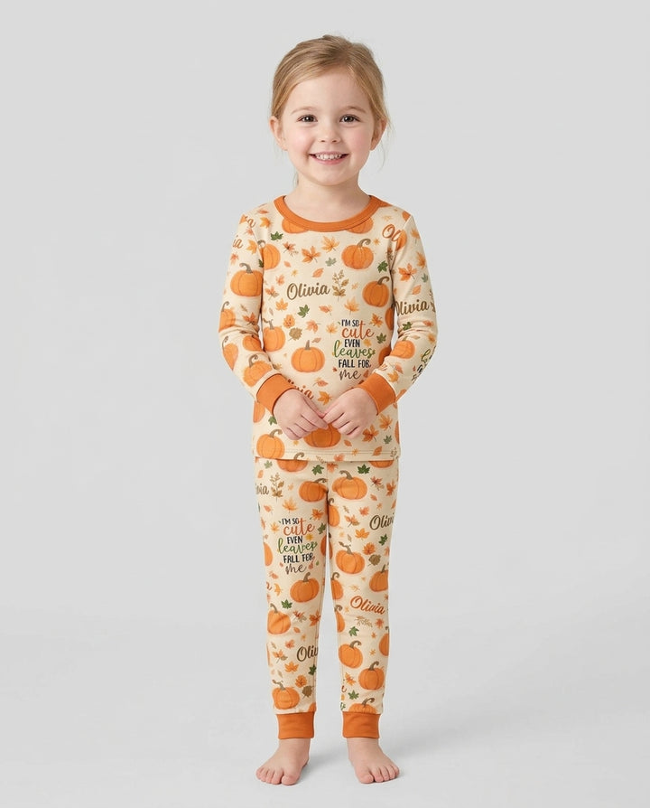 Custom Name I'm So Cute Even Leaves Fall for Me Bamboo Two Piece Long Sleeve Pajama Set
