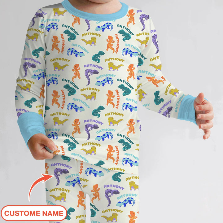 Custom Name Little Salamander Bamboo Two Piece Long Sleeve Pajama Set