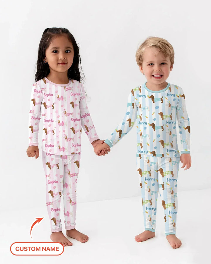 Custom Name Easter Dachshunds Family Matching Bamboo Two Piece Long Sleeve Pajama Set