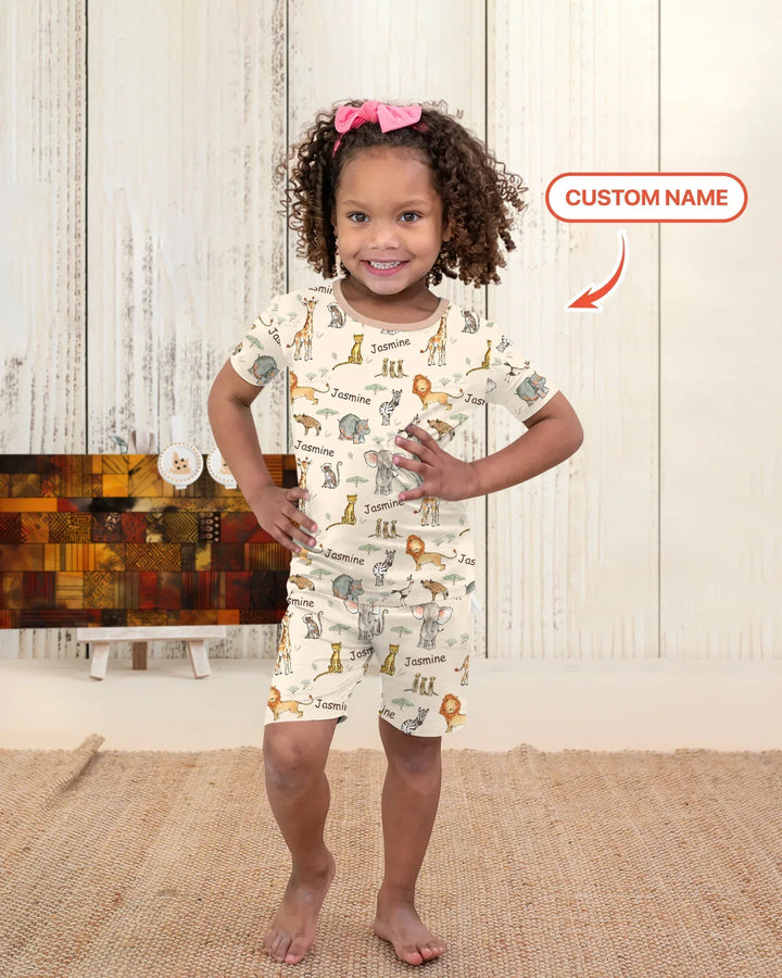 Safari Friends Custom Name Bamboo Two Piece Short Sleeve Shorts Pajama Set