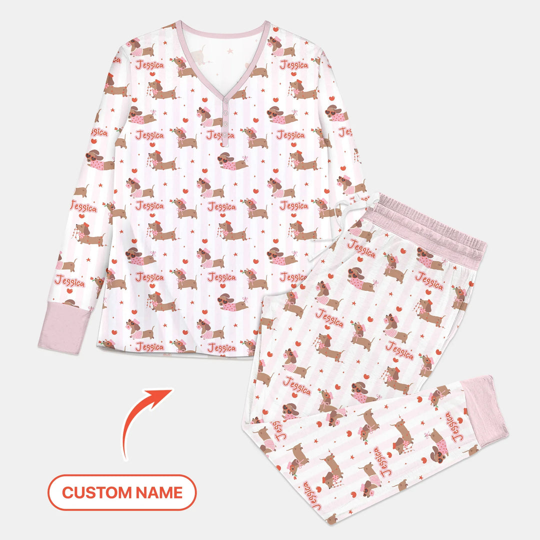 Custom Name Valentine Dachshund Family Matching Bamboo Women Pajama Set For Christmas