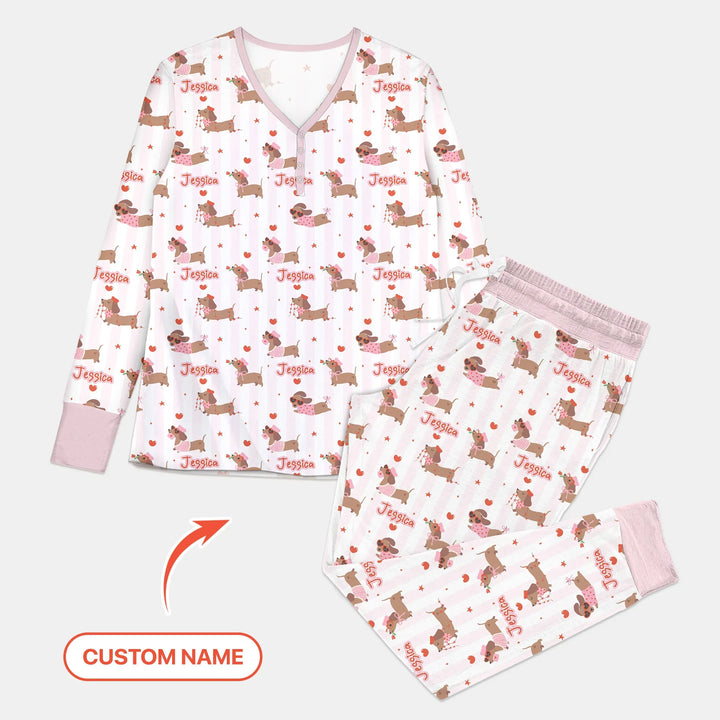 Custom Name Valentine Dachshund Family Matching Bamboo Women Pajama Set For Christmas