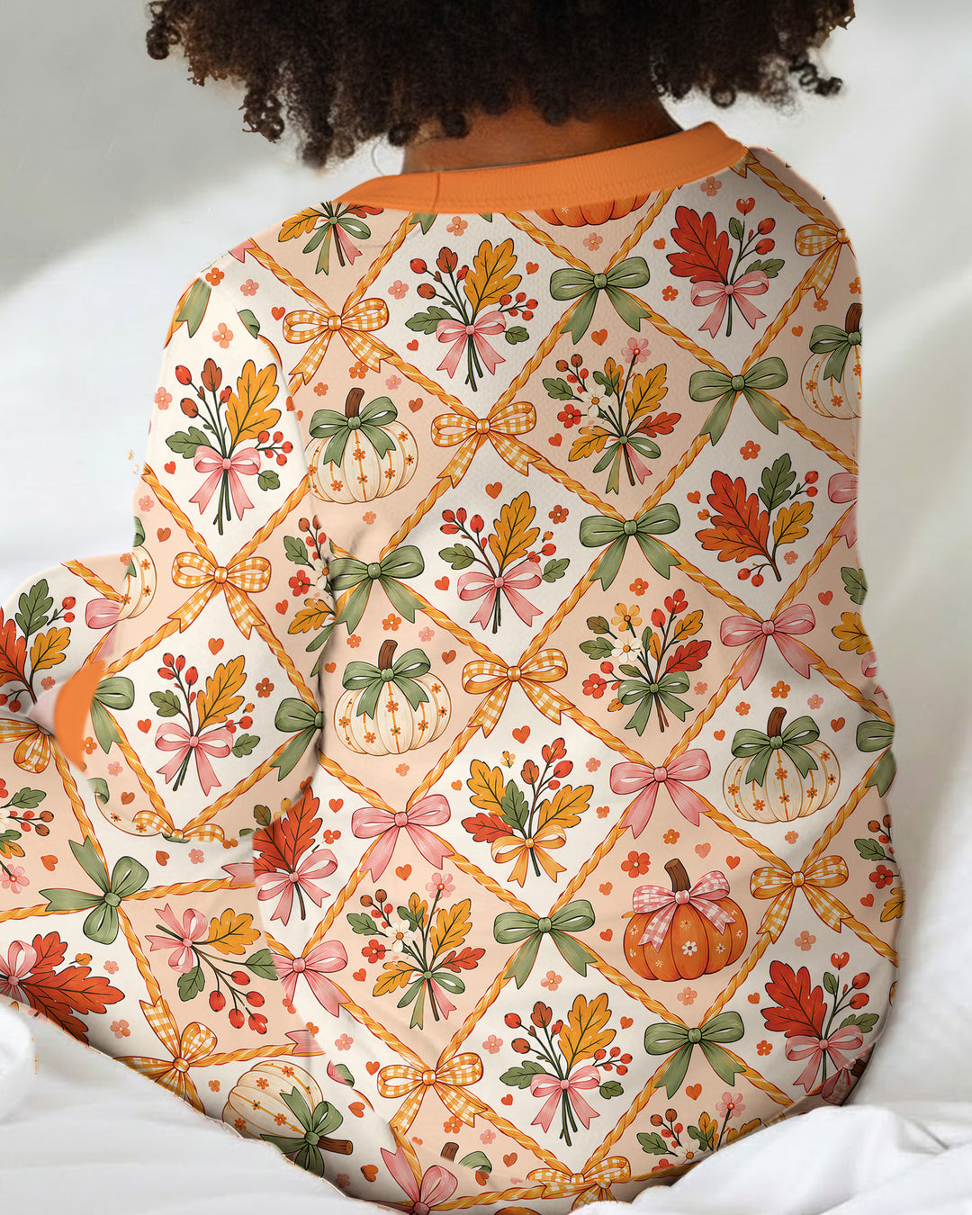 Retro Fall Pumpkin Bow Bamboo Two Piece Long Sleeve Pajama Set