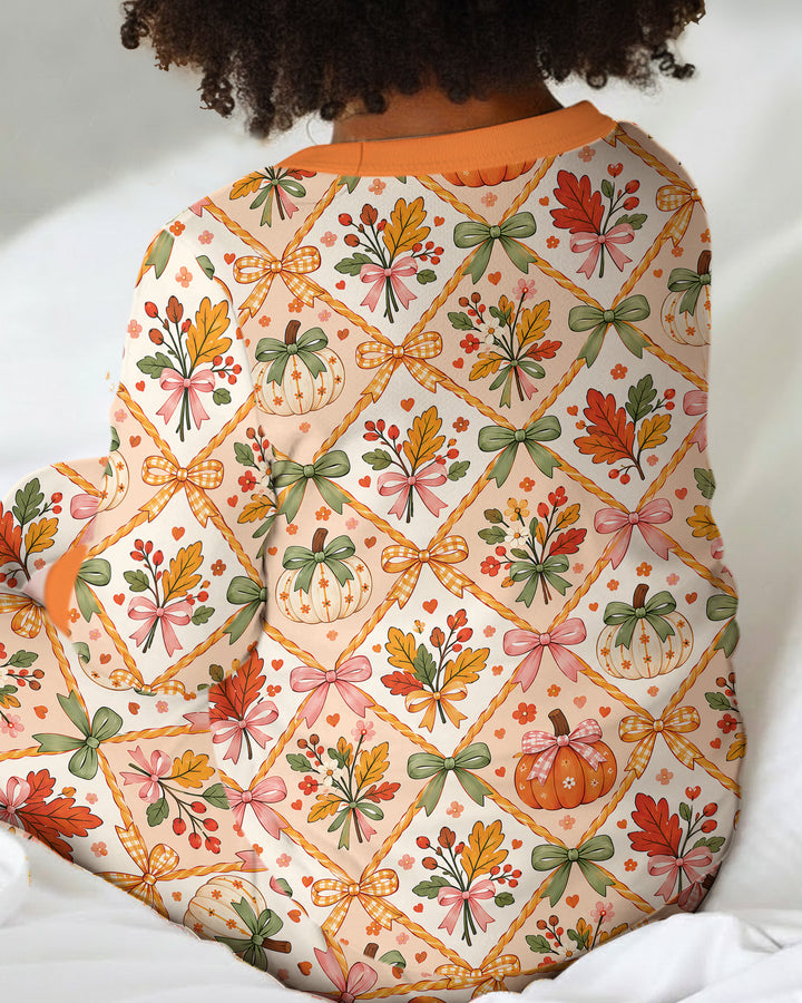 Retro Fall Pumpkin Bow Bamboo Two Piece Long Sleeve Pajama Set