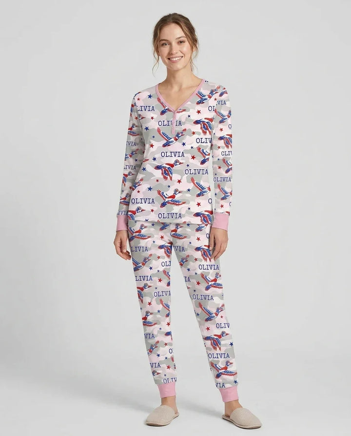 Custom Name America Mallard Duck Family Matching Bamboo Women Pajama Set