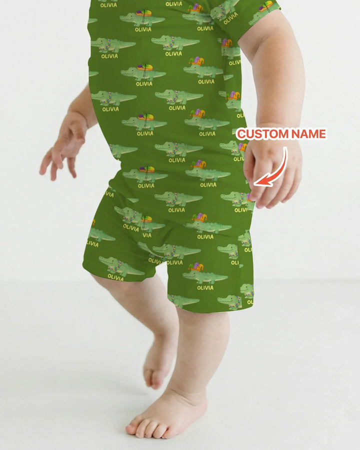 Custom Name Mardi Gras Gator Bamboo Two Piece Short Sleeve Shorts Pajama Set
