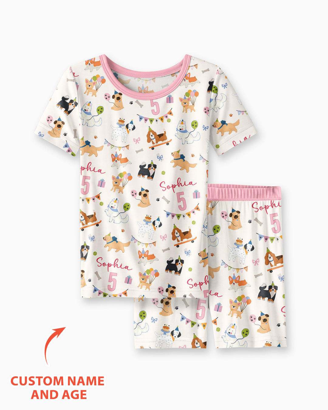 Custom Name Birthday Dogs Party Bamboo Two Piece Short Sleeve Shorts Pajama Set