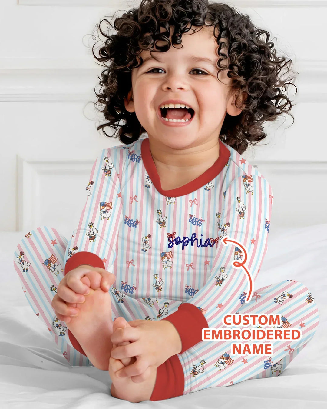 Personalized Cute Goose America 250 Embroidered Bamboo Two Piece Long Sleeve Pajama Set