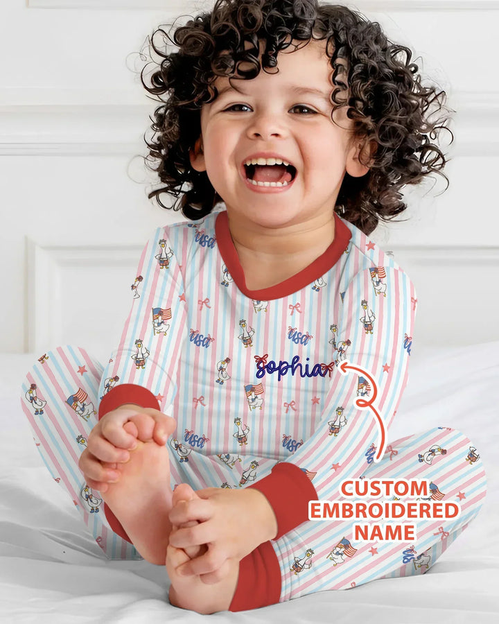 Personalized Cute Goose America 250 Embroidered Bamboo Two Piece Long Sleeve Pajama Set
