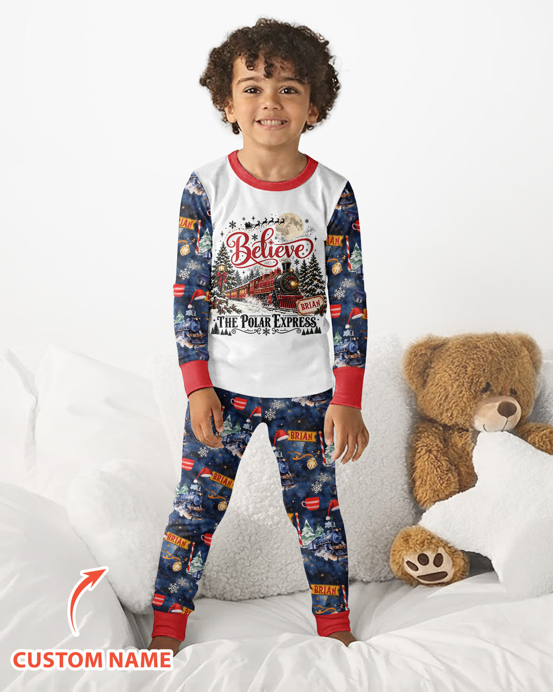 Believe North Pole Train Custom Name  Bamboo Two Piece Long Sleeve Pajama Set