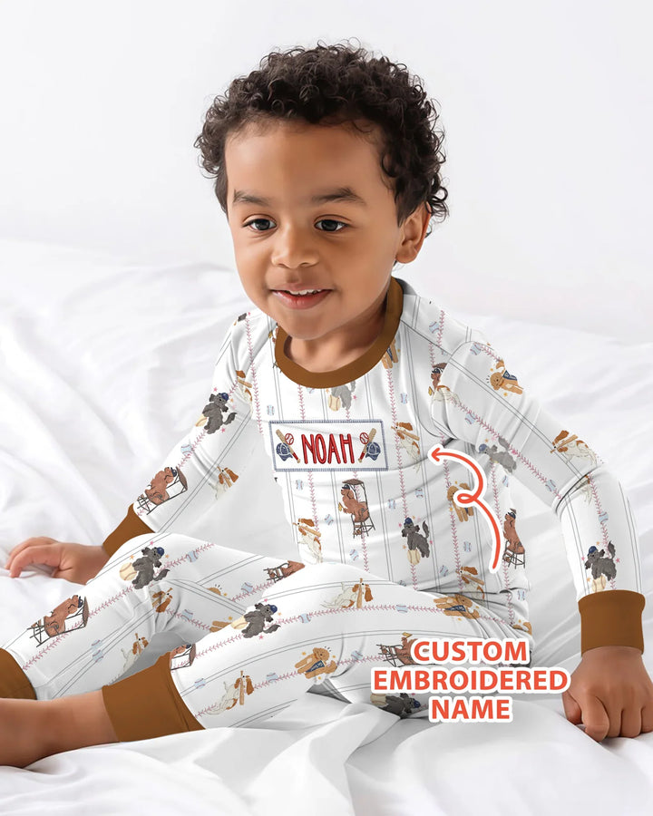 Custom Embroidered Name Baseball Bamboo Two Piece Long Sleeve Pajama Set