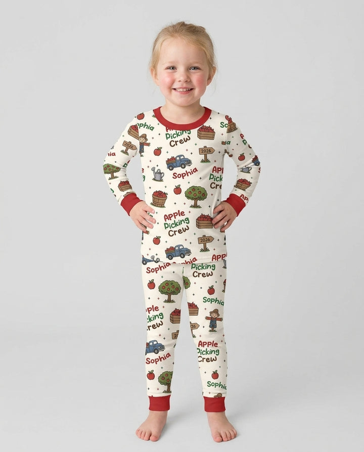 Custom Name Apple Picking Crew Bamboo Two Piece Long Sleeve Pajama Set
