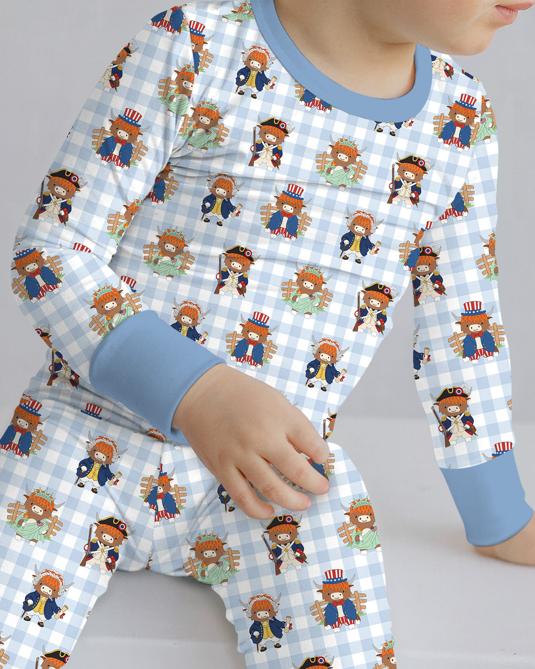 Patriotic 4th of July Highland Cow Bamboo Two Piece Long Sleeve Pajama Set