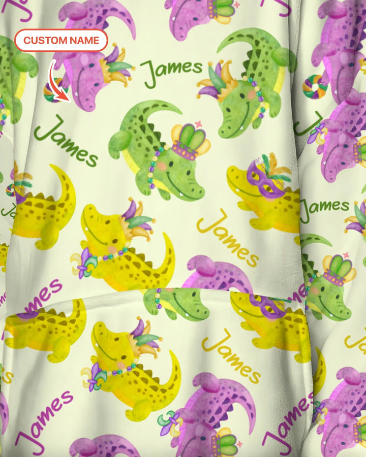 Custom Name Mardi Gras Alligator Wearable Bamboo Blanket Hoodie