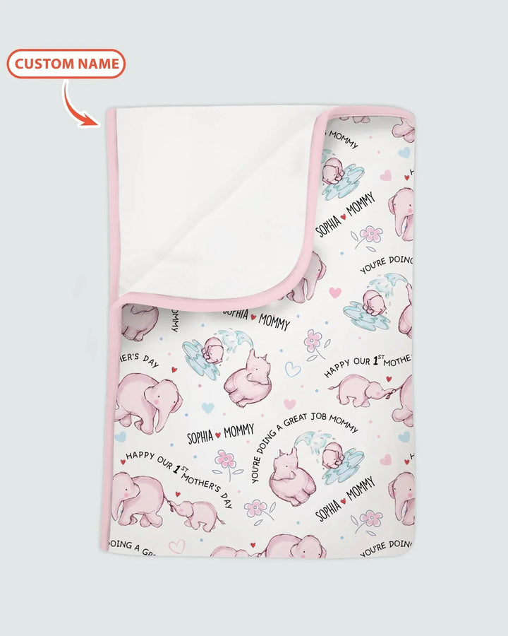 Custom Name Mother & Baby Elephant Bamboo Blanket