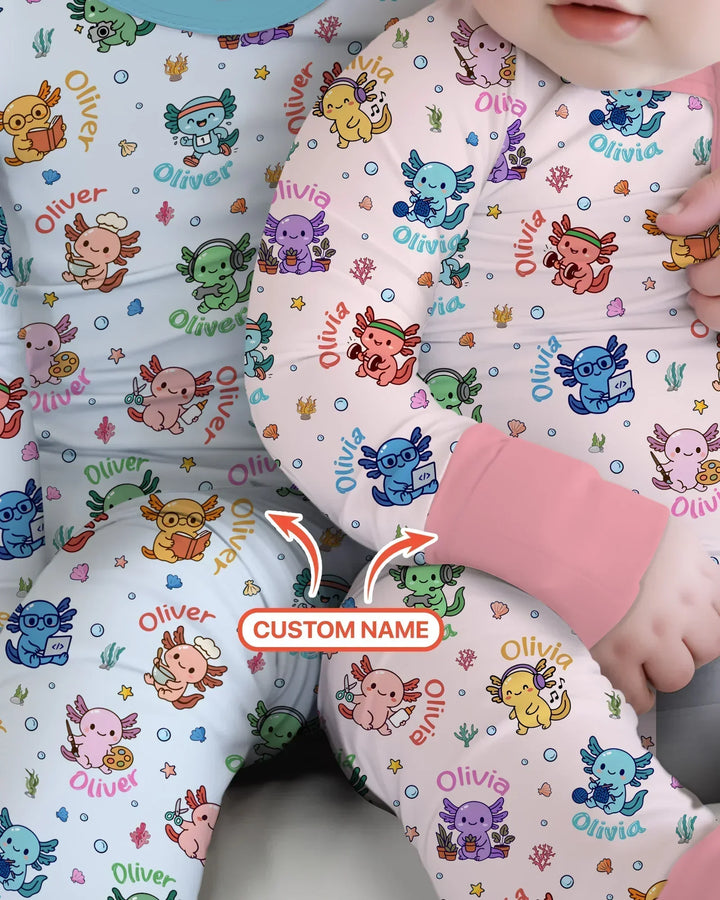 Custom Name Cute Hobby Axolotl Bamboo Two Piece Long Sleeve Pajama Set